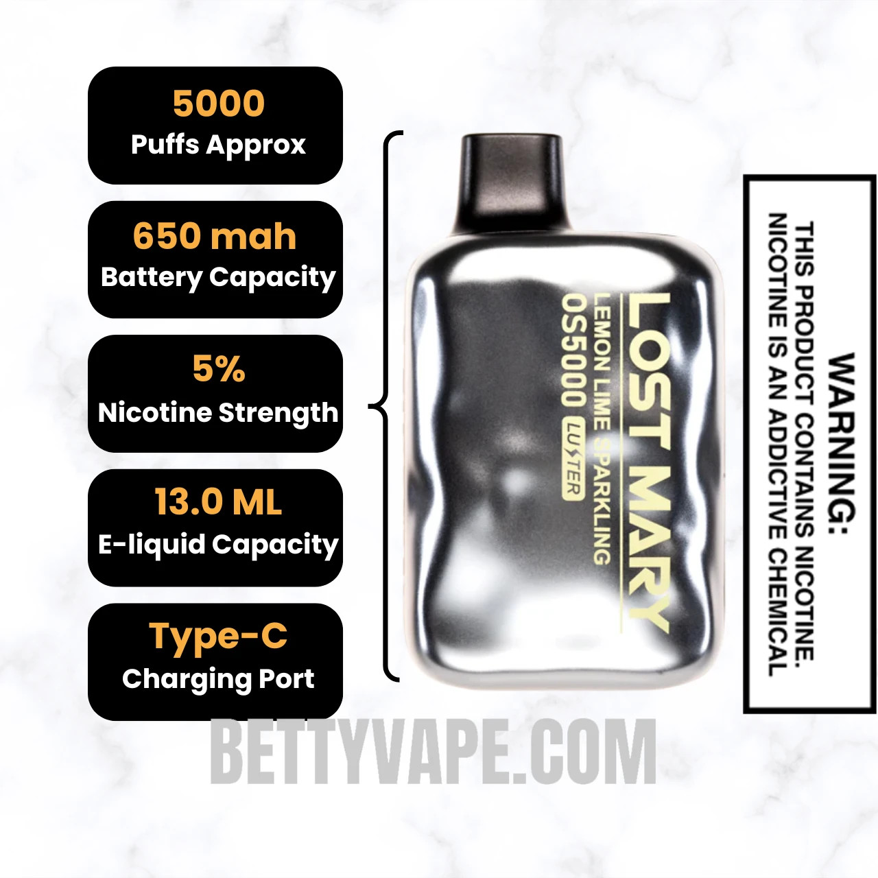 Lemon Lime Sparkling Lost Mary OS5000 Luster Edition Vape Specifications