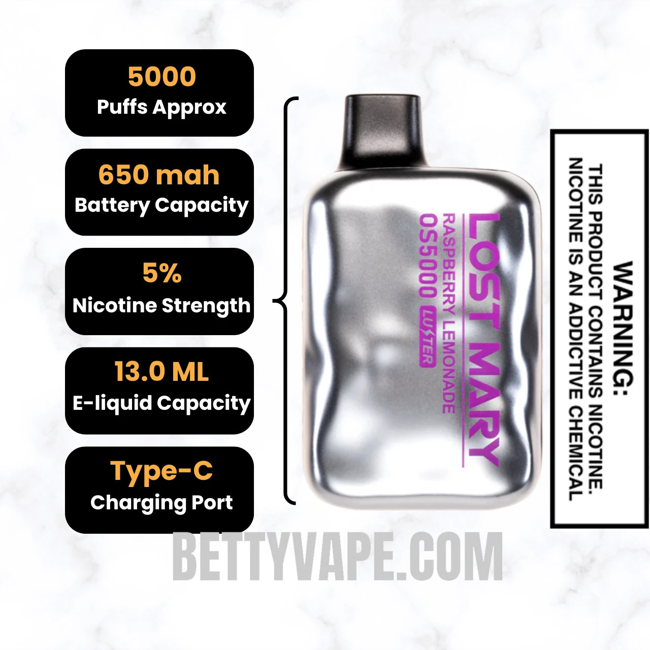Raspberry Lemonade Lost Mary OS5000 Luster Edition Vape Specifications