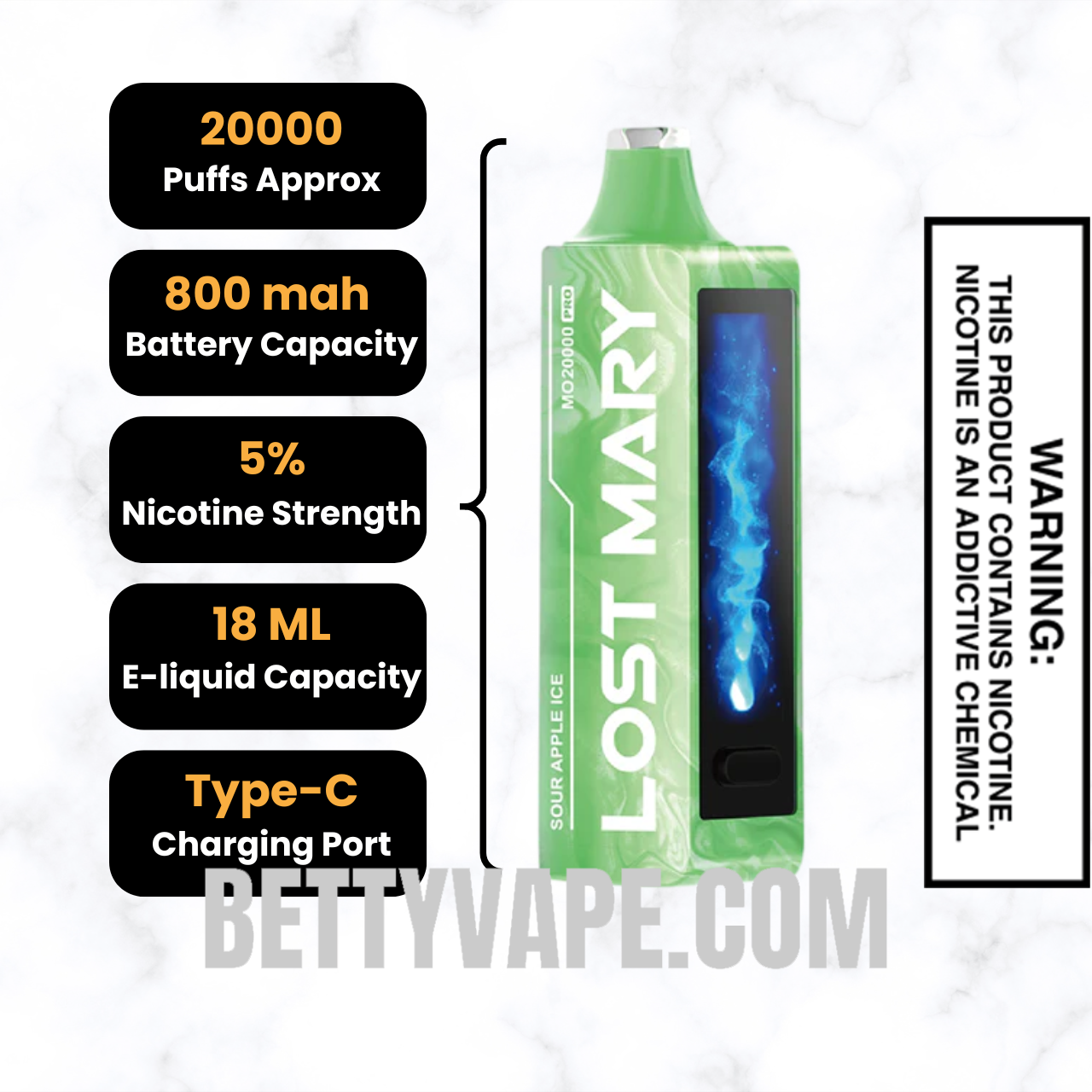 Sour Apple Ice Lost Mary MO20000 PRO Disposable Vape Specifications