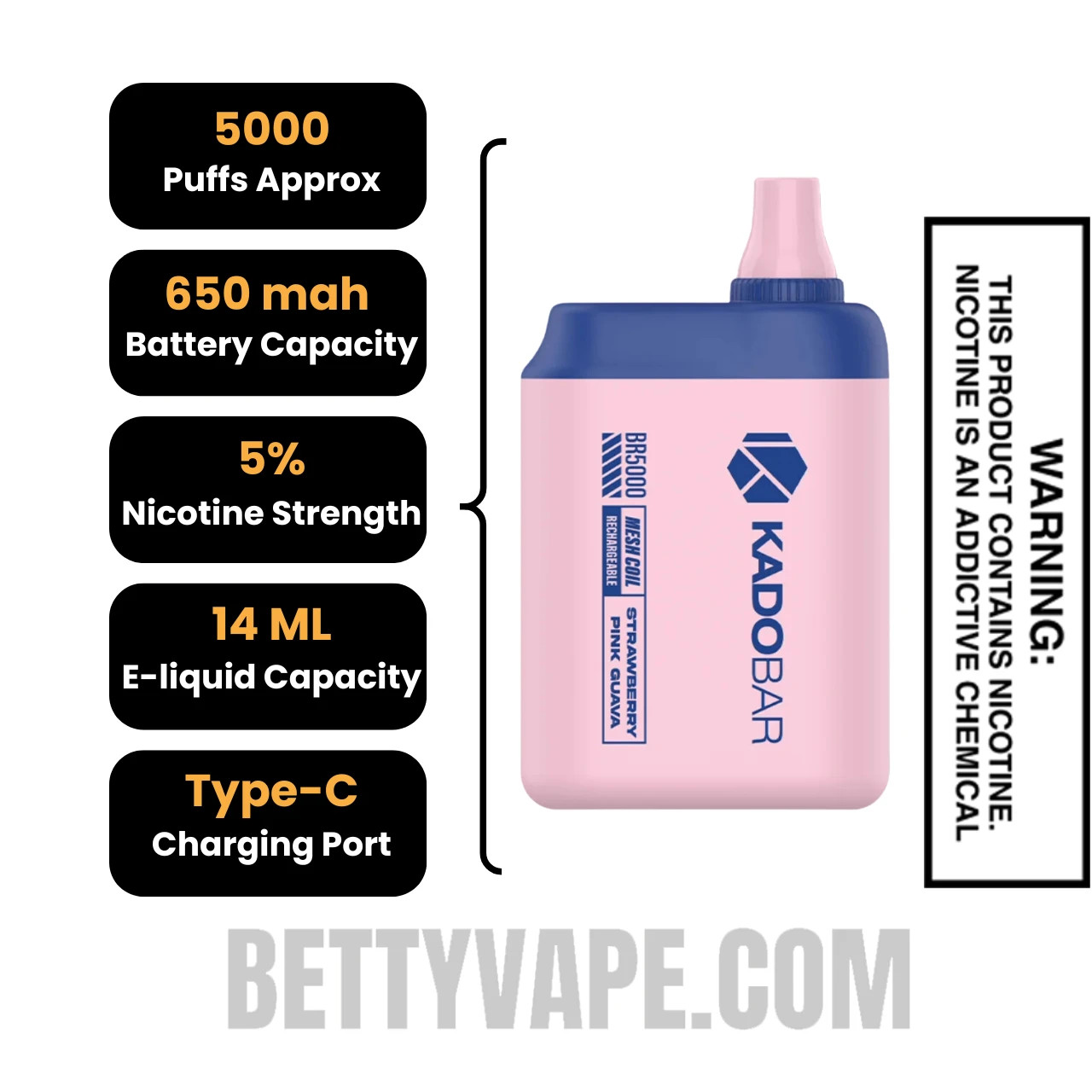 Strawberry Pink Guava Kado Bar Disposable Vape 5000 Puffs Specifications