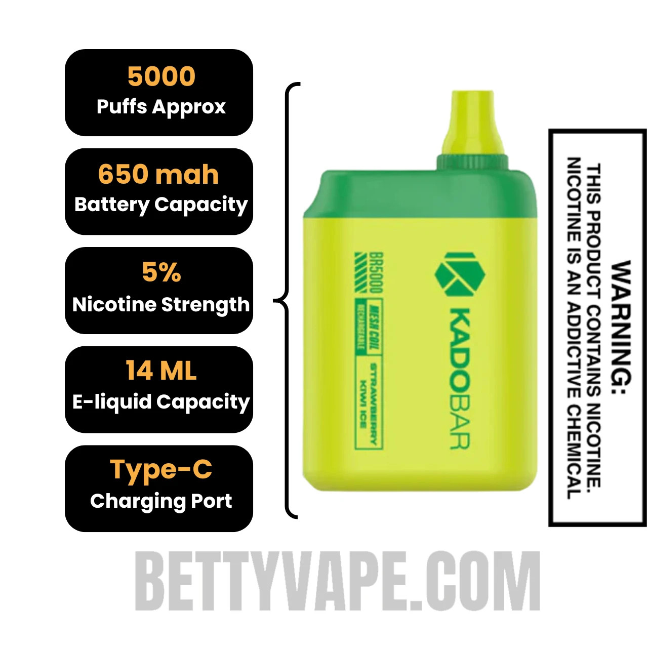 Strawberry Kiwi Ice Kado Bar BR5000 Disposable Vape Specifications
