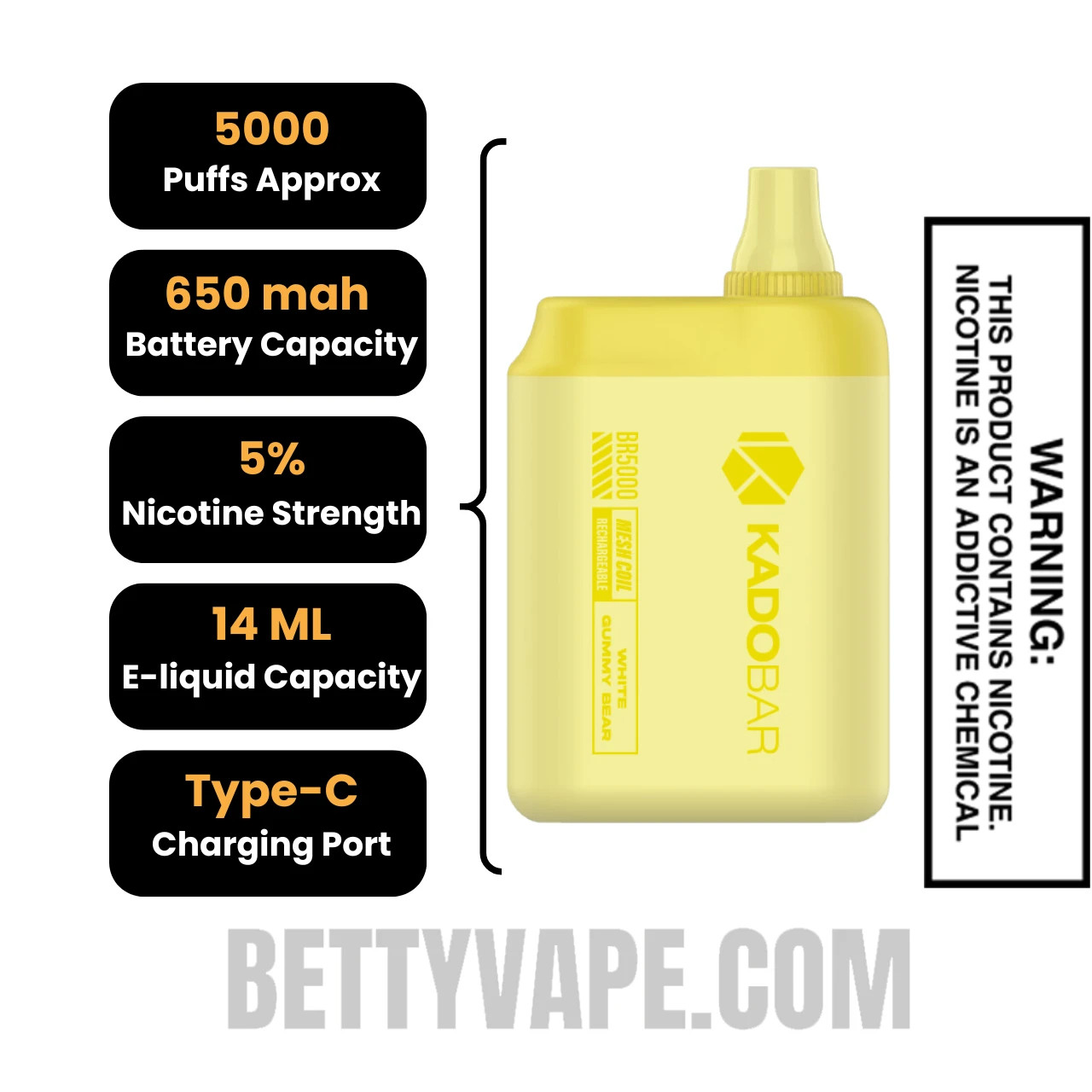 White Gummy Bear Kado Bar Disposable Vape 5000 Puffs Specifications
