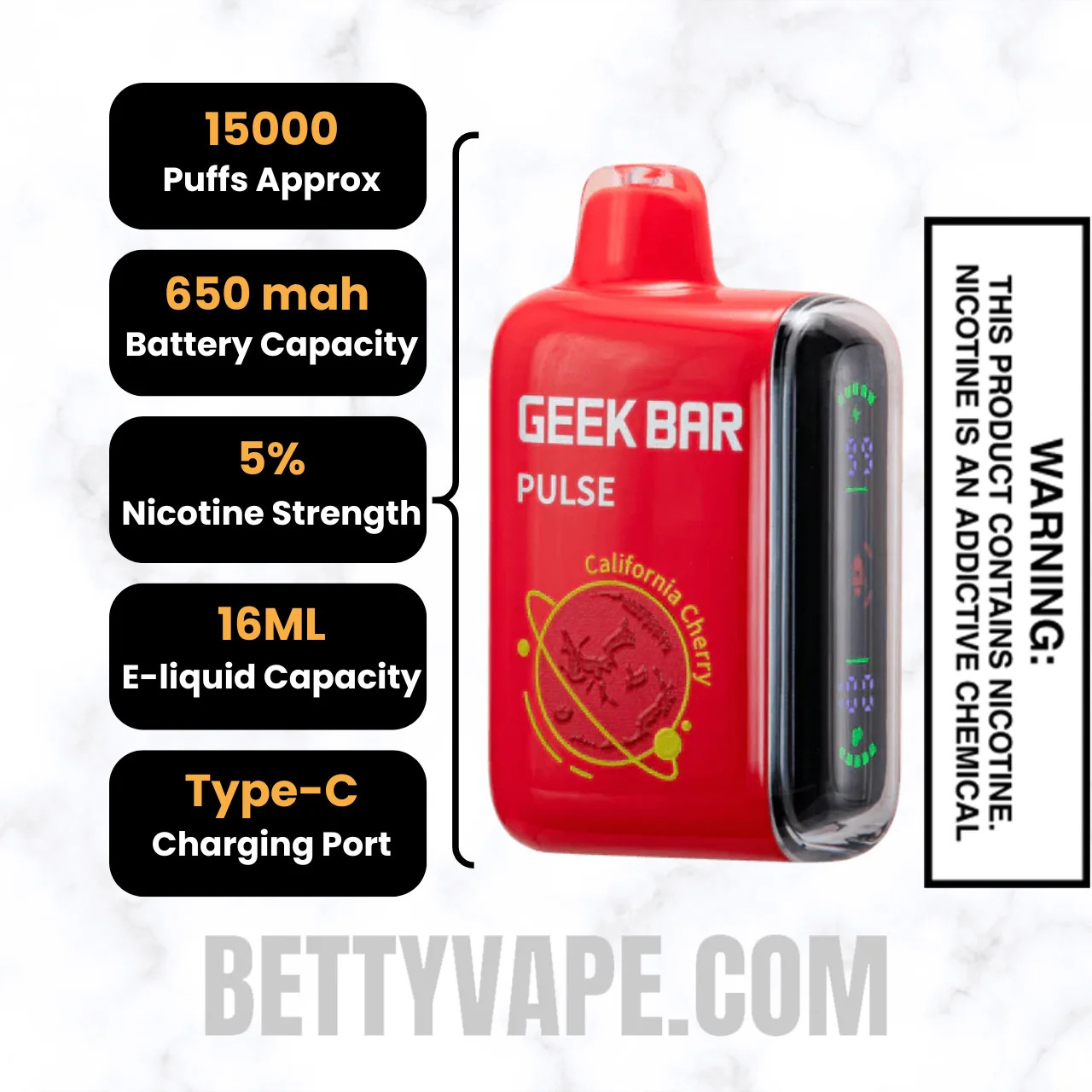 California Cherry Geek Bar Pulse Disposable Vape Specifications