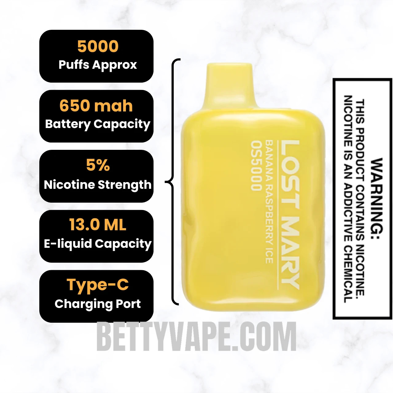 Banana Raspberry Ice Lost Mary OS5000 Disposable Vape Specifications