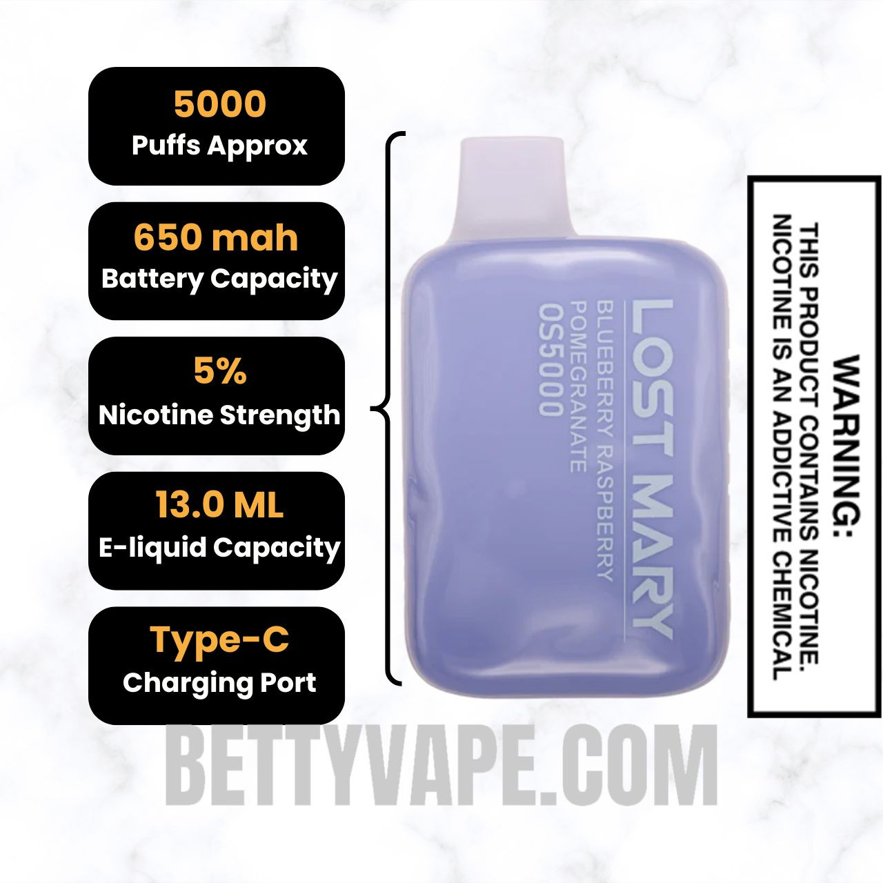 Blueberry Raspberry Pomegranate Lost Mary OS5000 Disposable Vape 5000 Puffs specifications