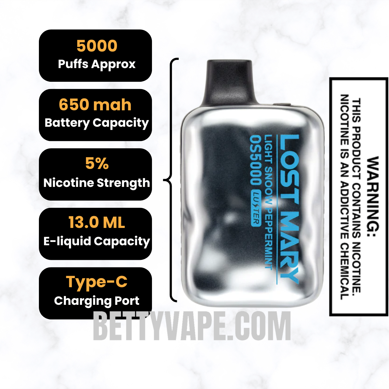 Light Snoow Peppermint Lost Mary OS5000 Luster Edition Vape Specifications