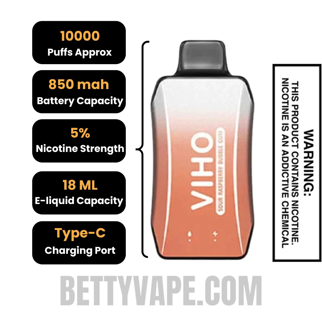 Sour Raspberry Bubble Gum VIHO Turbo Vape 10000 Puffs Specifications