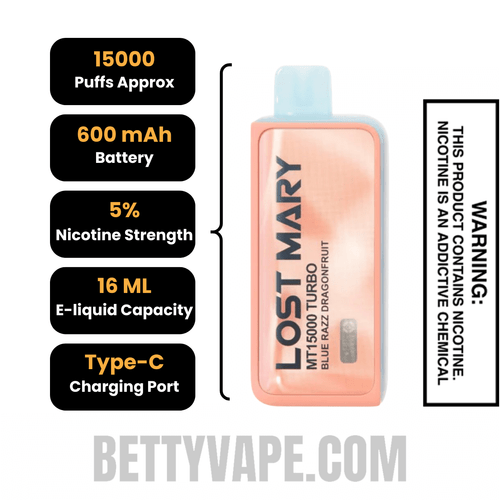 Blue Razz Dragonfruit Lost Mary MT15000 Turbo Disposable Vape Specifications