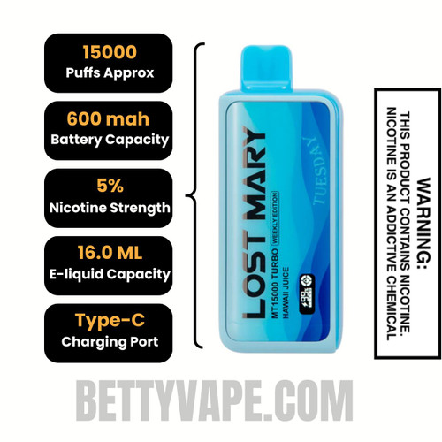 Hawaii Juice Lost Mary MT15000 Disposable Vape  Specifications