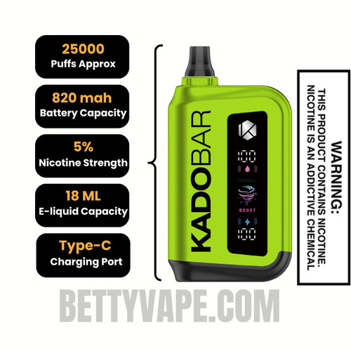 Sour Apple Ice Kado Bar Rizz 25000 Disposable Vape Specifications