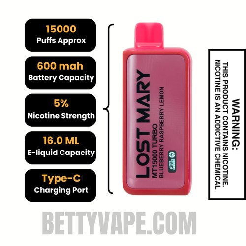 Blueberry Raspberry Lemon Lost Mary MT15000 Turbo Vape  Specifications