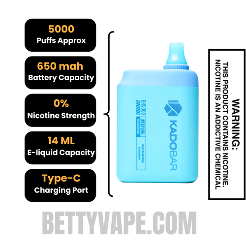Rainbow Candy Kado Bar BR5000 Zero Nicotine Disposable Vape with specifications