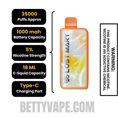 Sunny Orange Lost Mary MT35000 Turbo Vape specifications Sunny Orange Lost Mary MT35000 Turbo Vape specifications