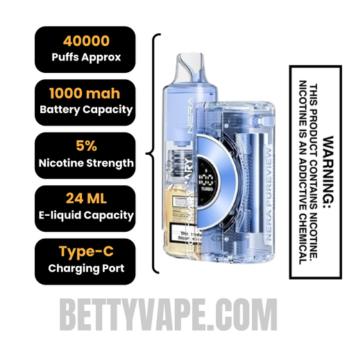Blue Razz Ice Lost Mary Nera Pureview 40K Vape Kit with specifications