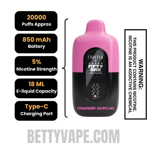 Strawberry Shortcake Fruitia X Fifty Bar 20K Disposable Vape Specifications