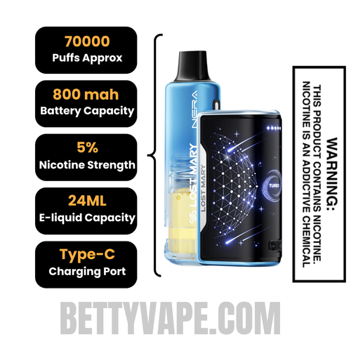 Blue Razz Ice Lost Mary Nera Fullview 70K Disposable Kit Specifications