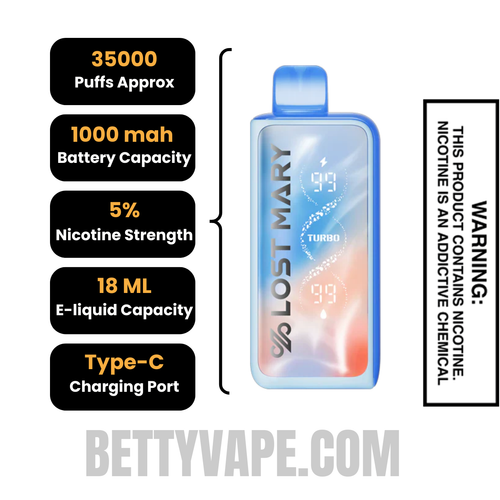 Blue Razz Ice Lost Mary MT35000 Turbo Disposable Vape Specifications