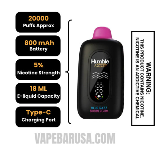 Blue Razz Bubblegum Humble X Fifty Bar 20K Disposable Vape Specifications