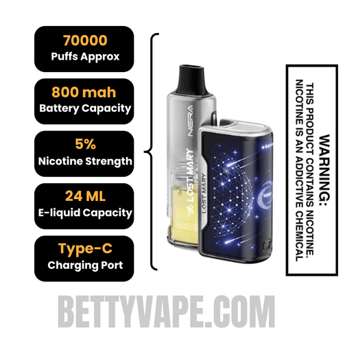 Scary Berry & Golden Berry Lost Mary Nera Fullview 70K Disposable Vape Kit with specifications