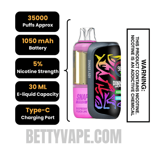 Raspberry Peach Lime Dinner Lady Snap Pro 35K Disposable Vape Kit Specifications