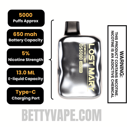 Lemon Lime Lost Mary OS5000 Luster Edition Disposable Vape Specifications