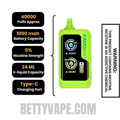 Sour Apple Hard Candy Kado Bar NI40000 Sour-Nic Control Disposable Vape Specifications