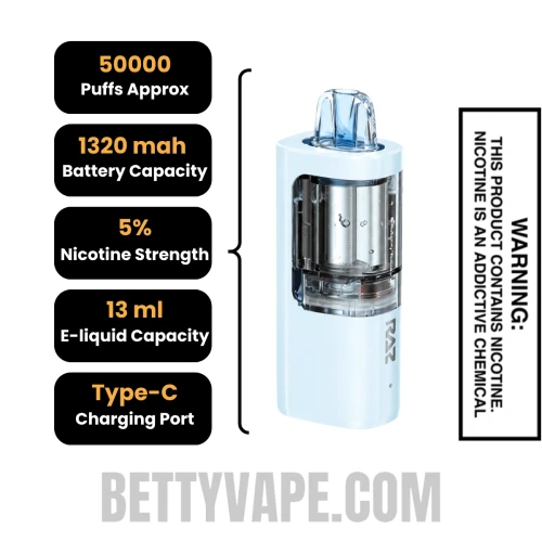 Blueberry Yummy RAZ VUE 50K Disposable Vape Pod Specifications