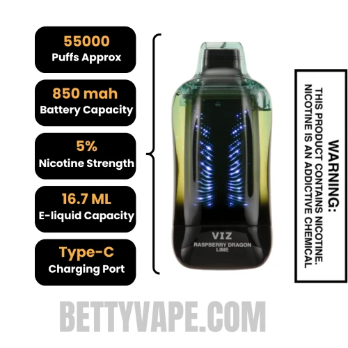 Raspberry Dragon Lime Lost Mary VIZ 55K Disposable Vape Specifications