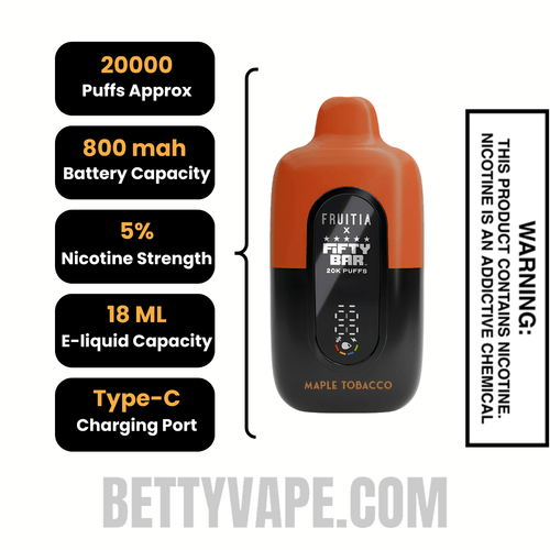 Maple Tobacco Fruitia X Fifty Bar 20K Disposable Vape Specifications