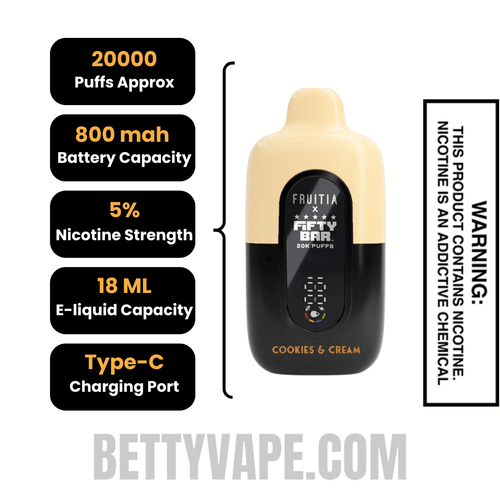 Cookies & Cream Fruitia X Fifty Bar 20K Disposable Vape Specifications