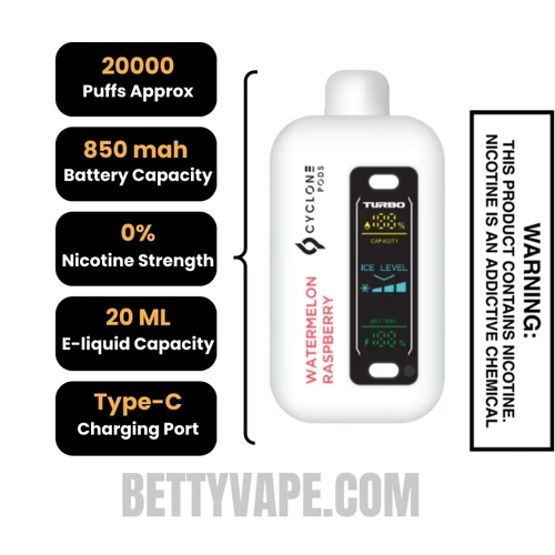 Watermelon Raspberry Cyclone Gust Pro 20K Zero Nicotine Disposable Vape Specifications
