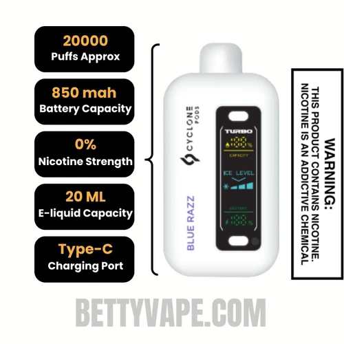 Blue Razz Cyclone Gust Pro 20K Zero Nicotine Disposable Vape Specifications
