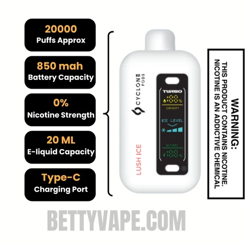 Lush Ice Cyclone Gust Pro 20K Zero Nicotine Disposable Vape Specifications