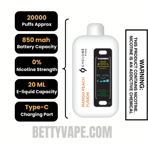 Mango Peach Fusion Cyclone Gust Pro 20K Zero Nicotine Disposable Vape Specifications