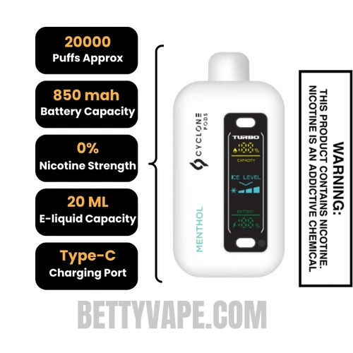 Menthol Cyclone Gust Pro 20K Zero Nicotine Disposable Vape Specifications
