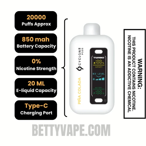 Pina Colada Cyclone Gust Pro 20K Zero Nicotine Disposable Vape Specifications