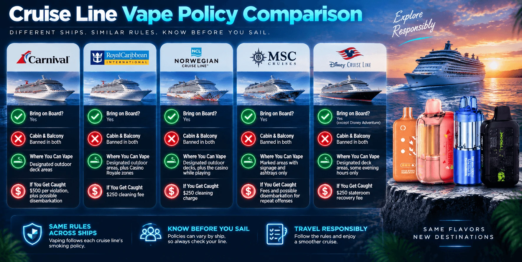 Cruise line vape policy comparison for Carnival, Royal Caribbean, Norwegian, MSC and Disney, showing cabin bans, allowed areas and fines