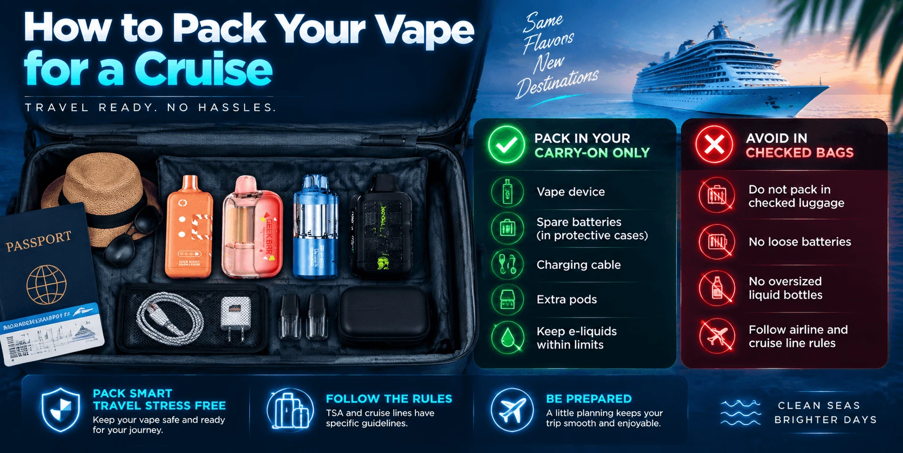 How to pack your vape for a cruise, covering carry-on only rules, e-liquid limits, sealing your tank, packing extra and bringing your charger