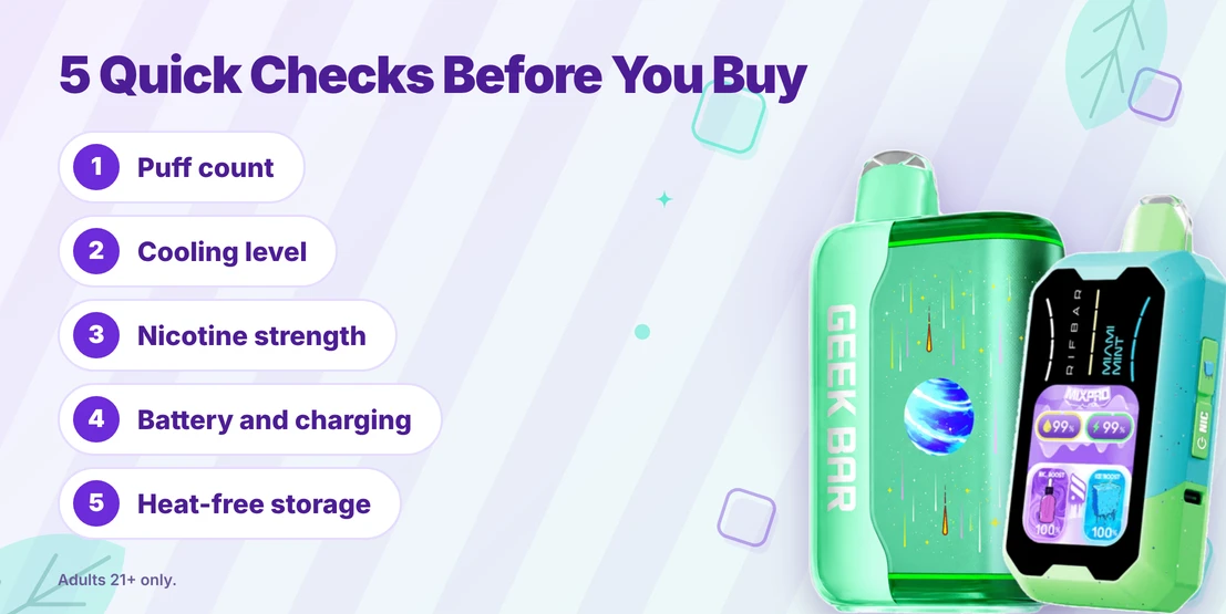 Five quick checks before you buy a Miami Mint vape: puff count, cooling level, nicotine strength, battery and charging, and storage.