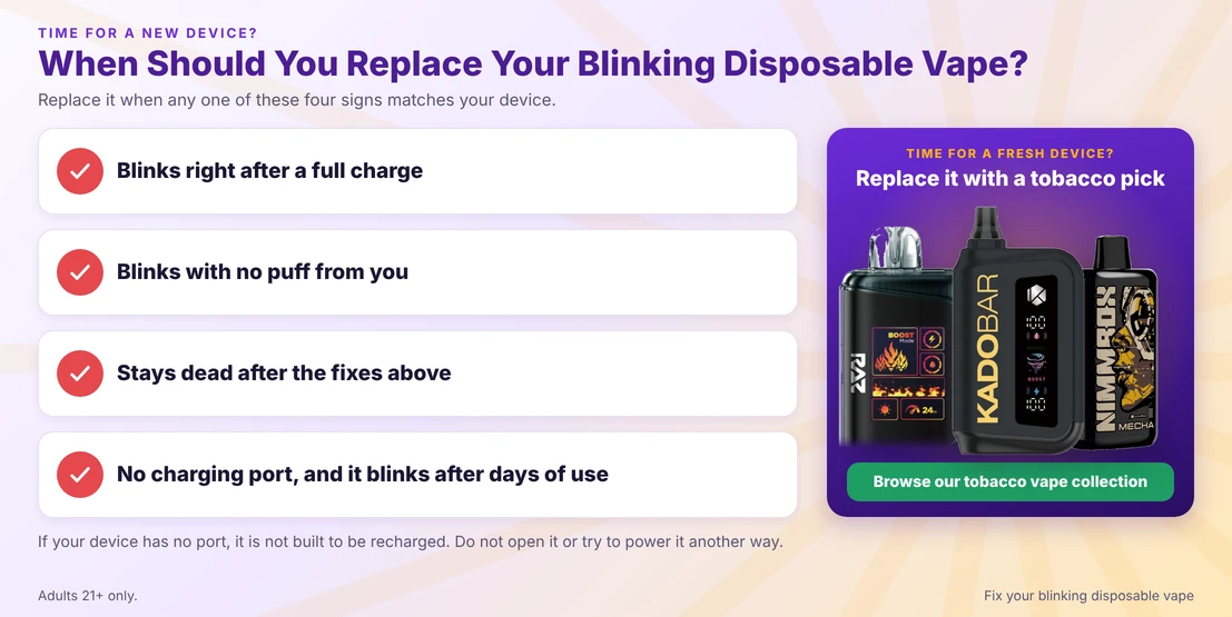 Four signs it is time to replace a blinking disposable vape, with RAZ LTX, Kado Bar Rizz and Nimmbox MECHA tobacco devices as replacement options.