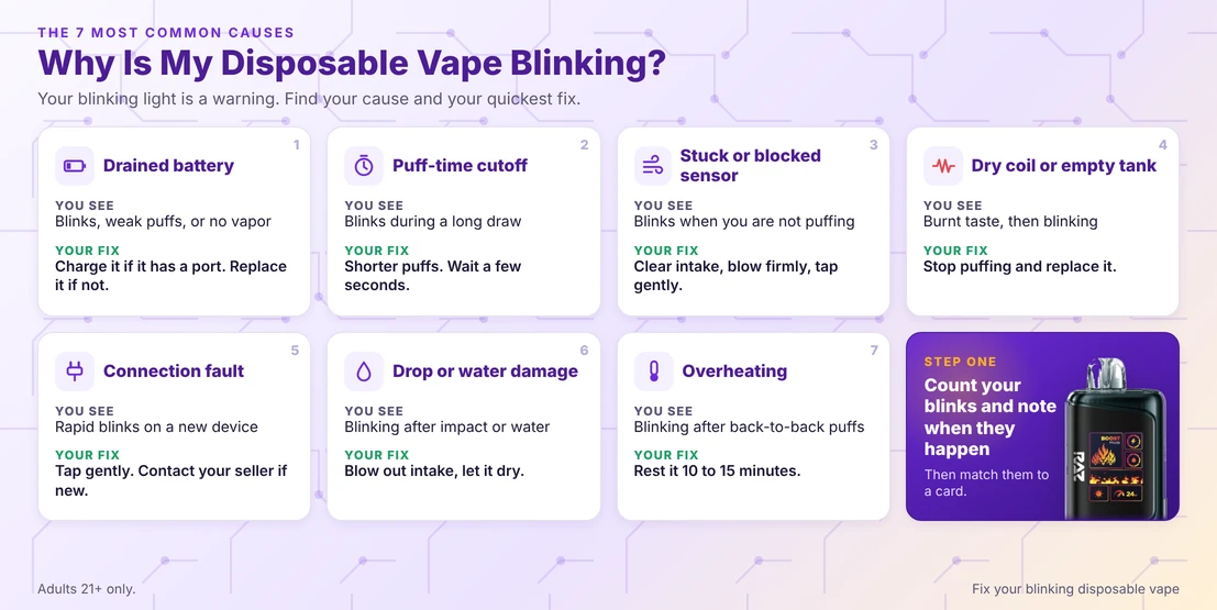 Seven common causes of a blinking disposable vape, each with what you see and your quick fix, beside a RAZ LTX device.