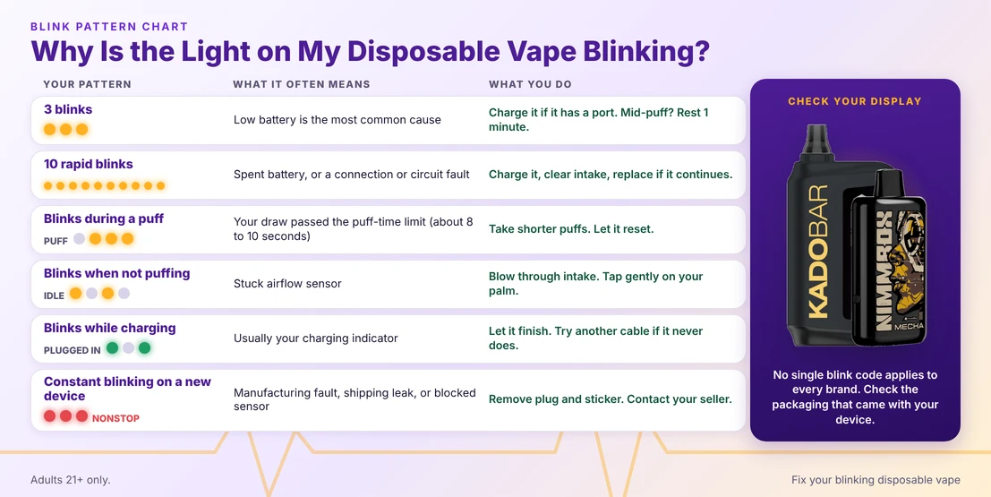 Blink pattern chart showing what 3 blinks, 10 rapid blinks, blinks during a puff, at rest, while charging and constant blinking on a new device often mean, beside Kado Bar and Nimmbox devices.