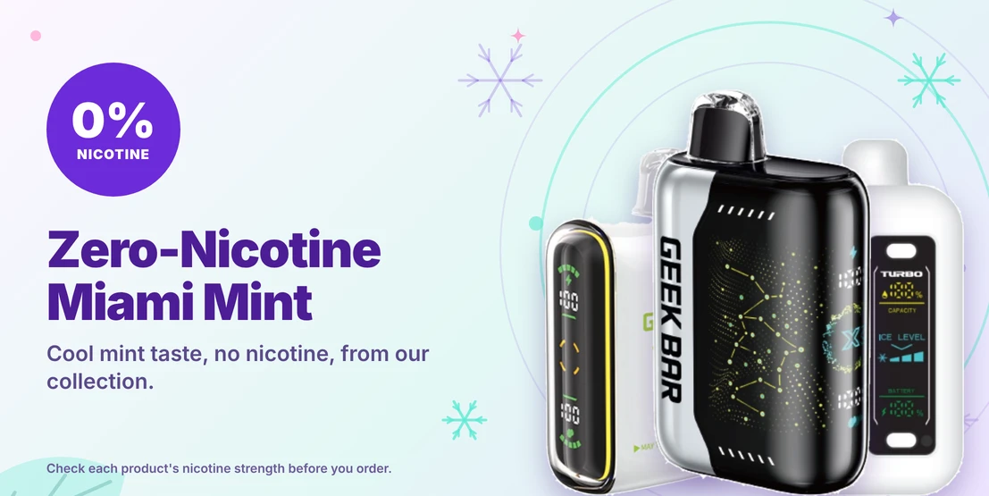 Zero-nicotine Miami Mint vapes: Geek Bar Pulse Zero, Pulse X Zero and Cyclone Gust Pro 20K.
