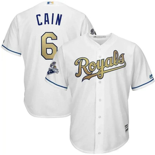 Lorenzo Cain Kansas City Royals Majestic World Series Champions Gold Program Cool Base Player Jersey - White