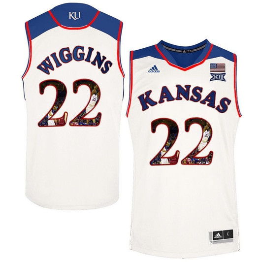 Unisex Kansas Jayhawks White Andrew Wiggins   Basketball With Player Pictorial 3D Jersey