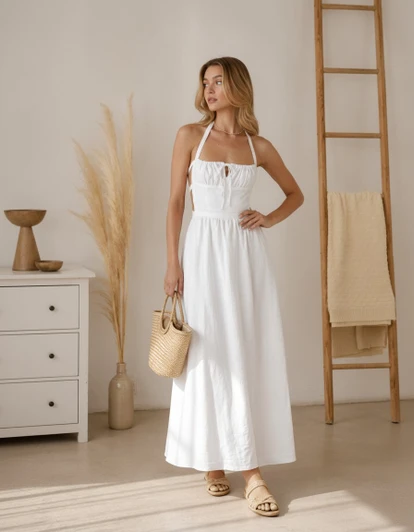 Open Back Linen Maxi Sundress, Halter Neck Beach Dress, Tie Back Summer Vacation Dress for Women