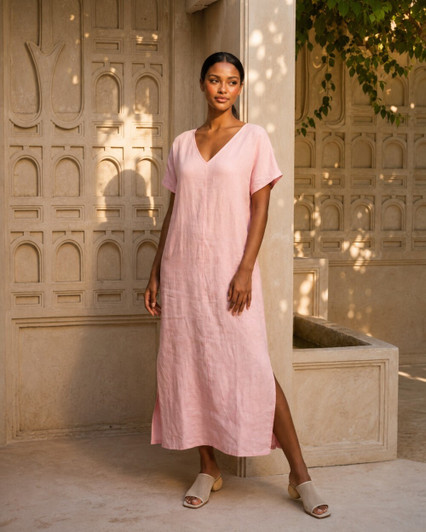 Casual Linen Dress for Women, Short Sleeve V Neck Maxi Dress, Easy Summer Resort Dress