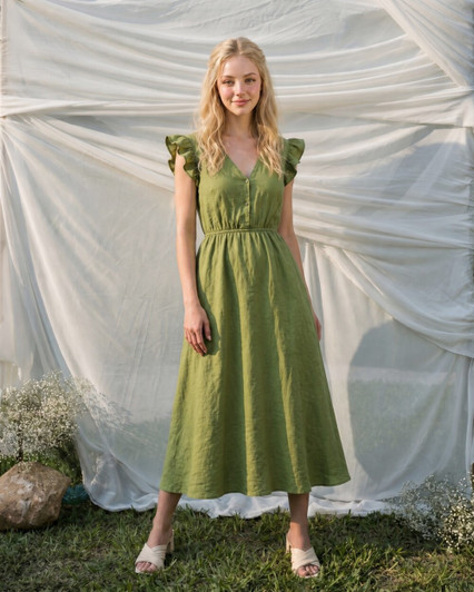 Linen Midi Dress, Sleeveless Look Flutter Sleeve Sundress, Summer Vacation Dress