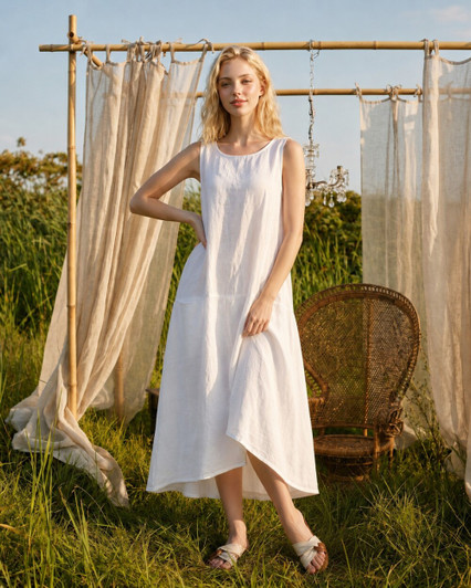 White Linen Midi Dress for Women, Sleeveless A Line Summer Dress with Pockets, Loose Linen Dress