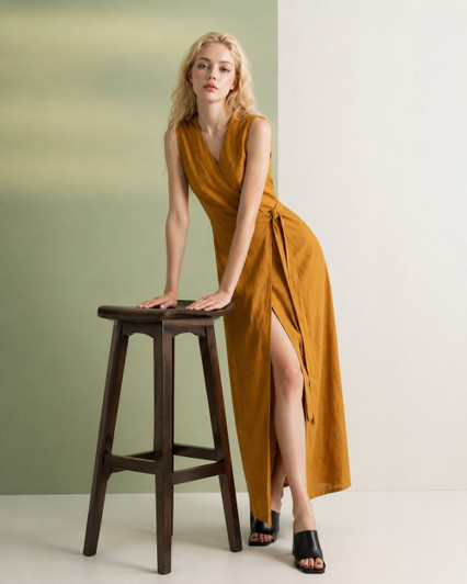 Linen Wrap Maxi Dress, Sleeveless V Neck Summer Dress, Elegant Natural Linen Dress with Side Slit